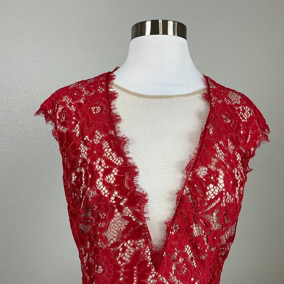 Aidan Mattox Red Lace Deep V Open Backless Colorful Cocktail Party Dress Size 12 - Picture 7 of 13